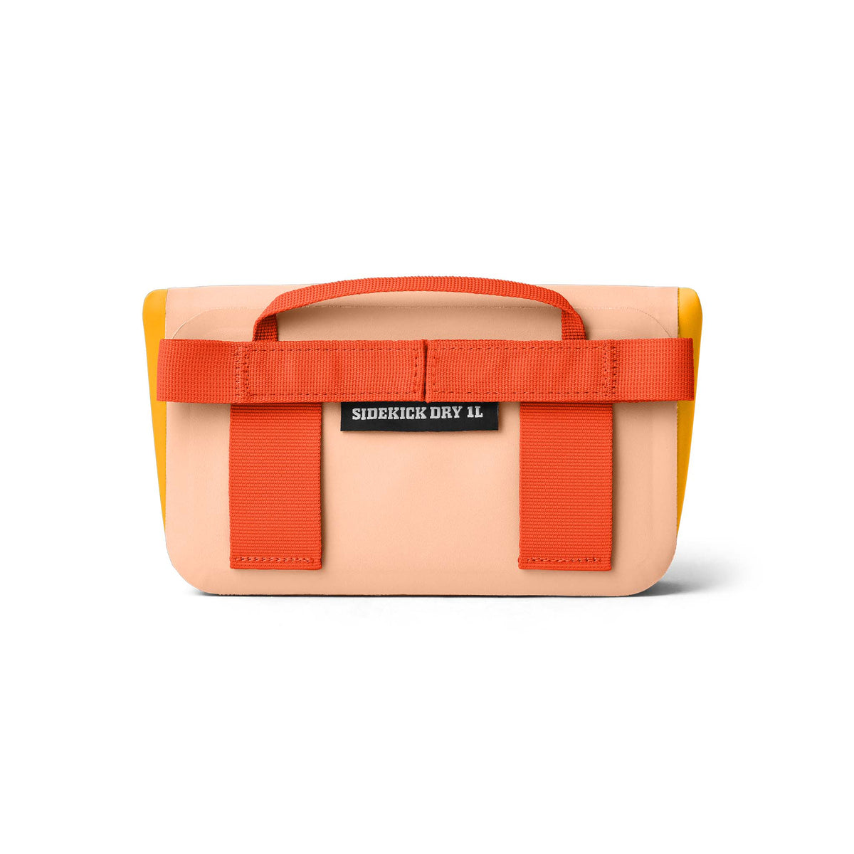 YETI SideKick Dry 1L waterproof gear case in a vibrant Peach/Beekeeper color, featuring a sleek rectangular shape, magnetic HydroShield closure, and durable DryHide shell. The peach-colored body is contrasted by beekeeper yellow trim and attachment points, designed to keep essentials protected and dry in any environment.