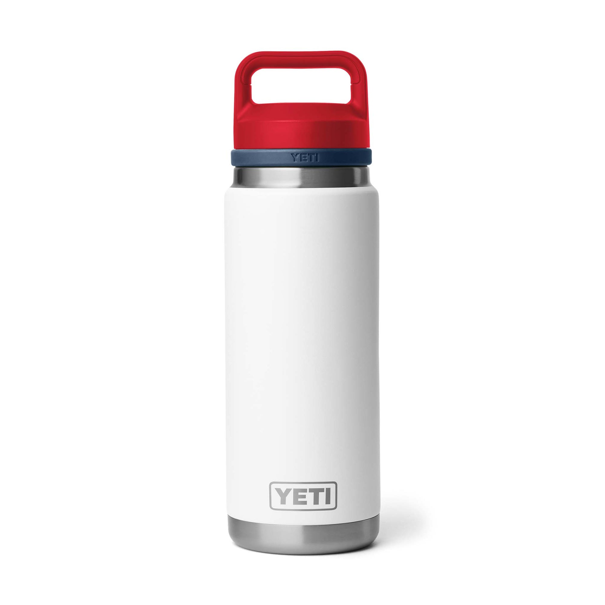 YETI Rambler 26 oz bottle in a bold patriotic design, featuring a white stainless steel body, a rescue red Chug Cap with a TripleHaul™ handle, and a YETI logo on the front. The bottle has a tall, cylindrical shape with double-wall vacuum insulation, built for durability and long-lasting temperature control—ideal for everything from workouts to outdoor adventures.