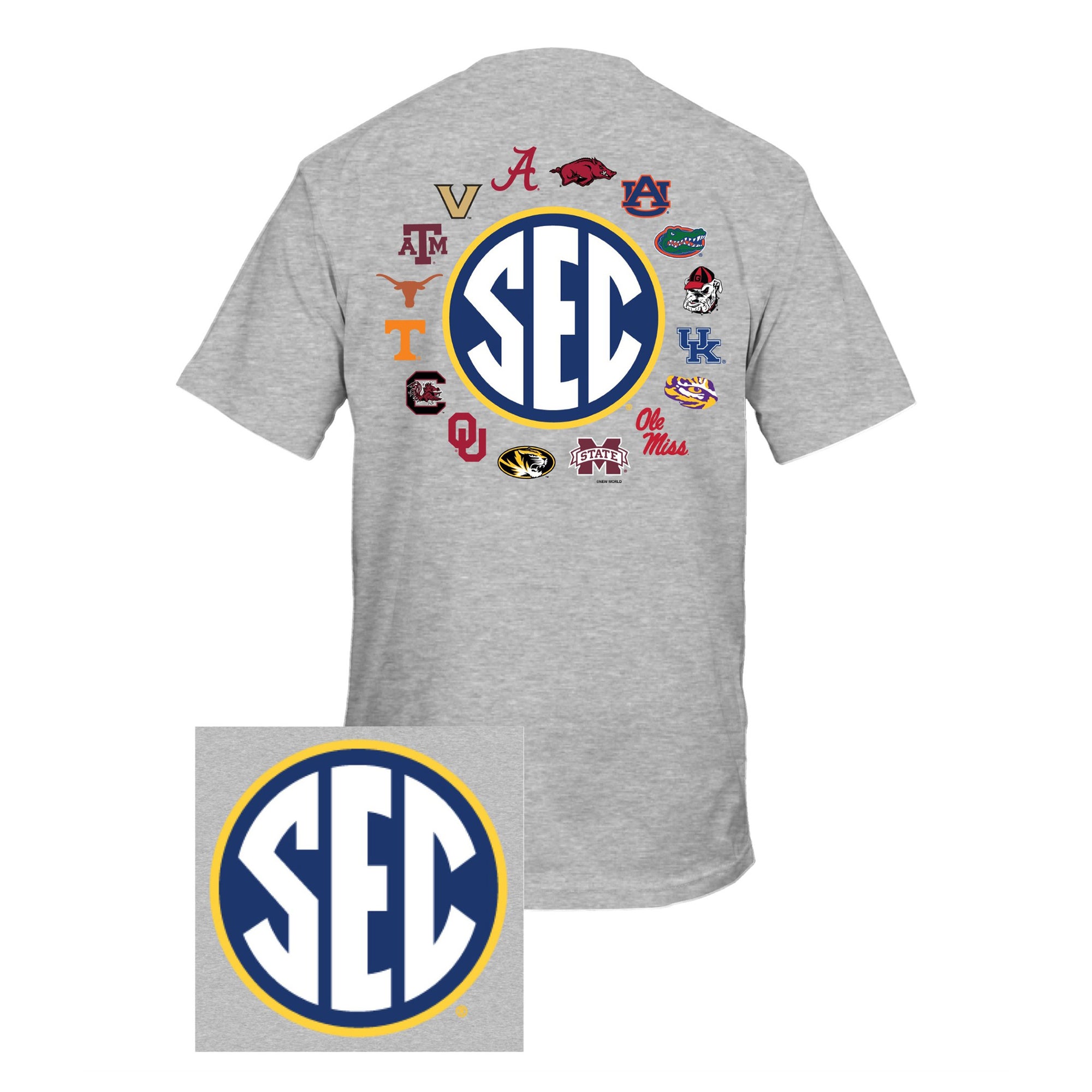 Heathered grey t-shirt with the SEC Logo on the back surrounded by all SEC school logos. The front left chest features the SEC logo as well.