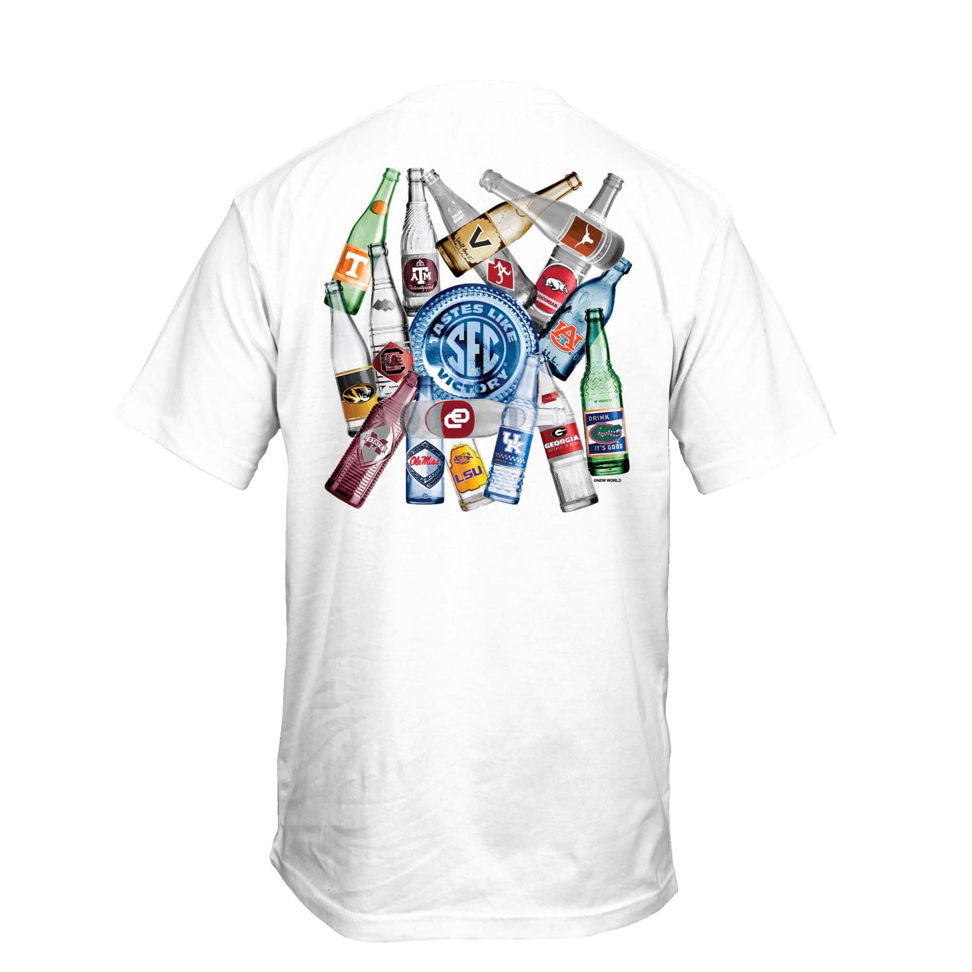 Palmetto Moon SEC Victory Bottles Short Sleeve T-shirt, color white, sizes S-XXL, 100% cotton, unisex sizing.The back design features a collage of beer bottles with the SEC team logos on the bottles as labels. In the middle is a blue circle that says "Tastes like victory. SEC".