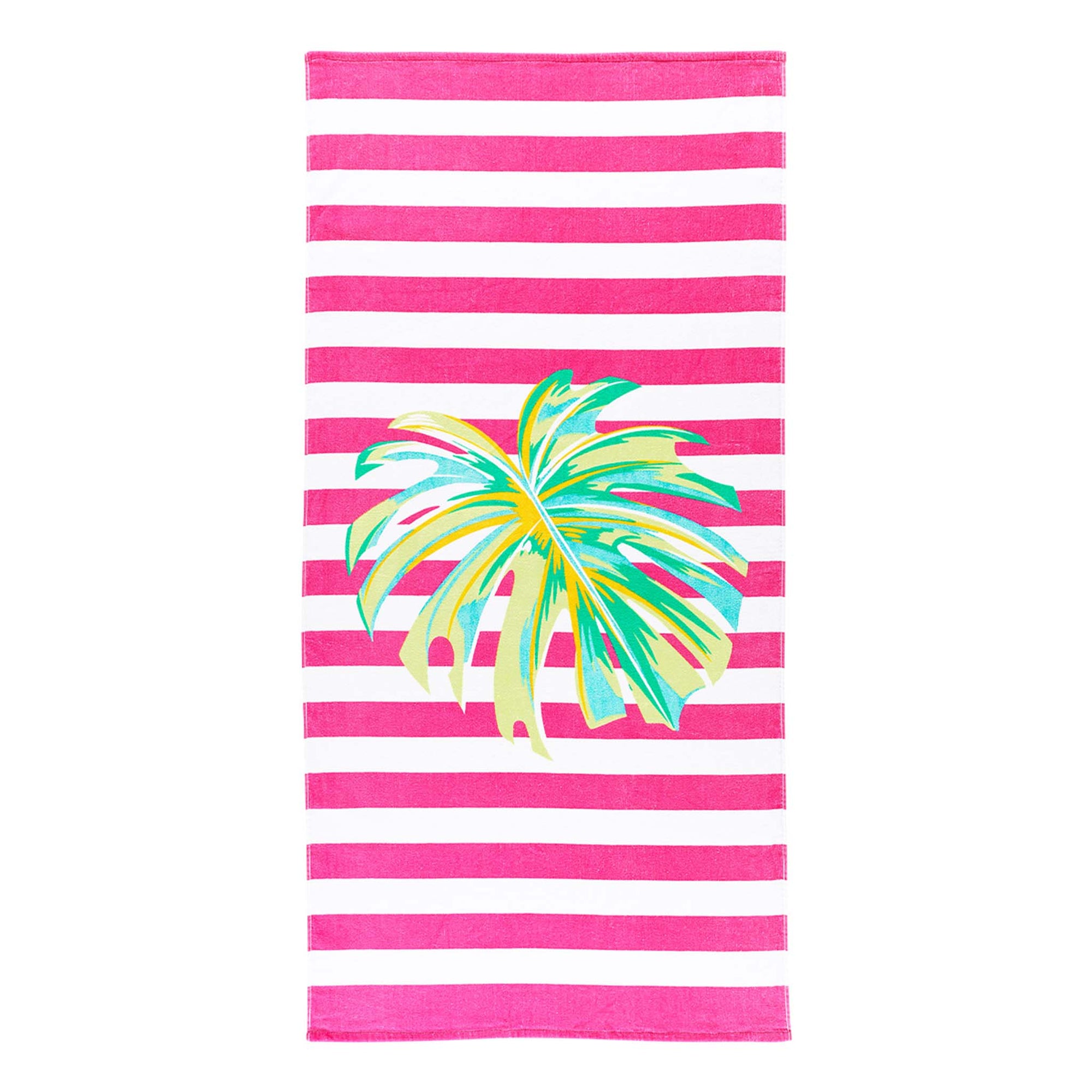 Viv & Lou printed beach towel in palm stripe pattern.Details:60” L x 30" H100% CottonMachine washableThe Palm Stripe pattern is hot pink and white stripes with a large tropical leaf in shades of blue, green, and yellow in the middle of the towel.