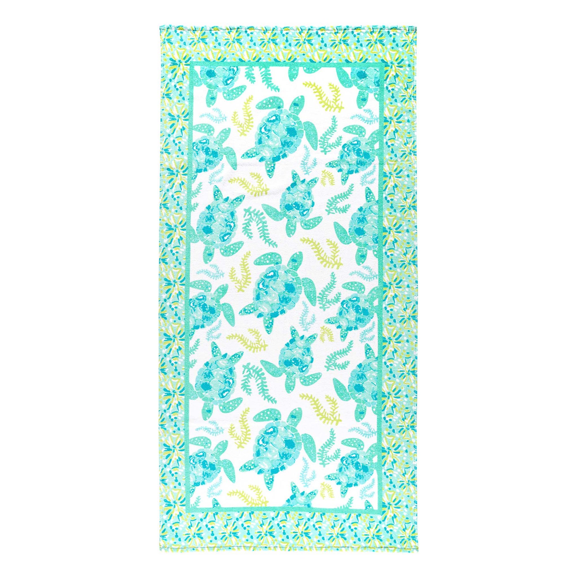 Viv & Lou Printed Beach Towel in Turtally Cool. 60” L x 30" H, 100% Cotton, Machine washableThe design features a white middle with sea turtles and tropical foliage in shades of blue and green.  The border features a tropical foliage pattern in shades of green, blue, and yellow.