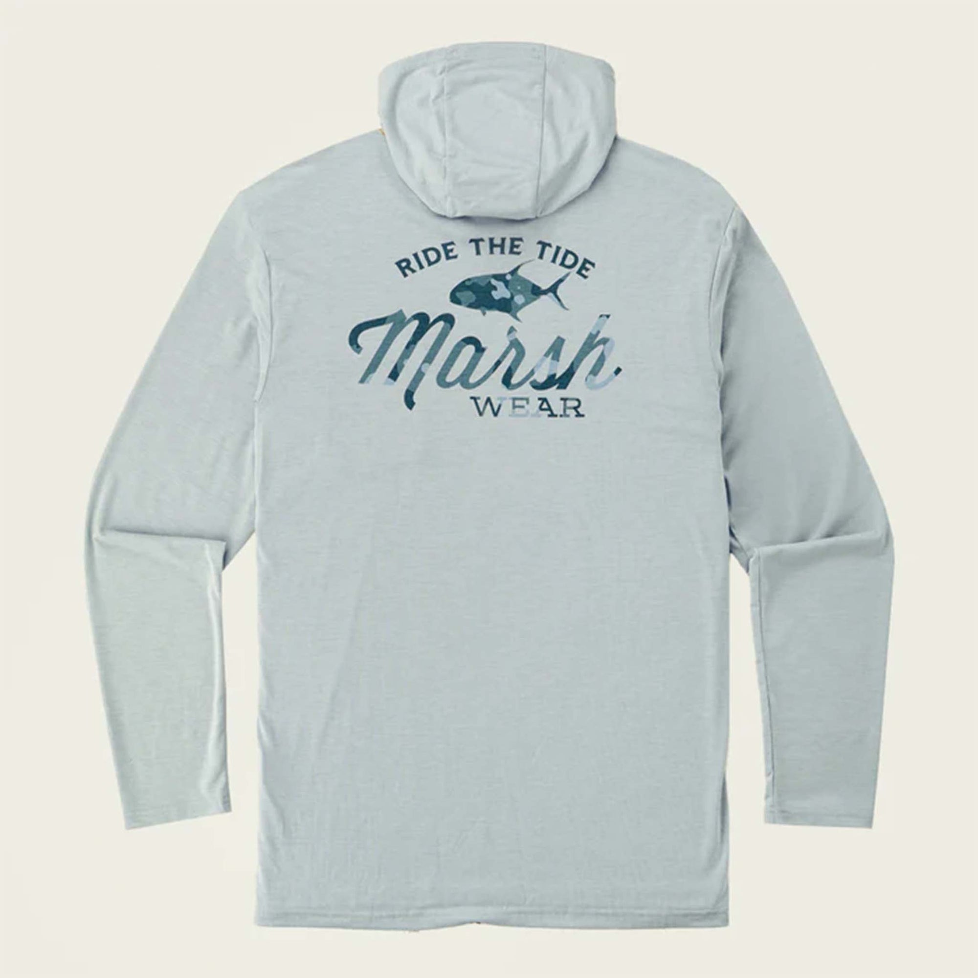 Marsh Wear Buxton Tech Hoodie, color smoke heather, sizes S-XXL. Back view of the same hoodie showing a "Ride the Tide" fish graphic and Marsh Wear logo in blue tones.