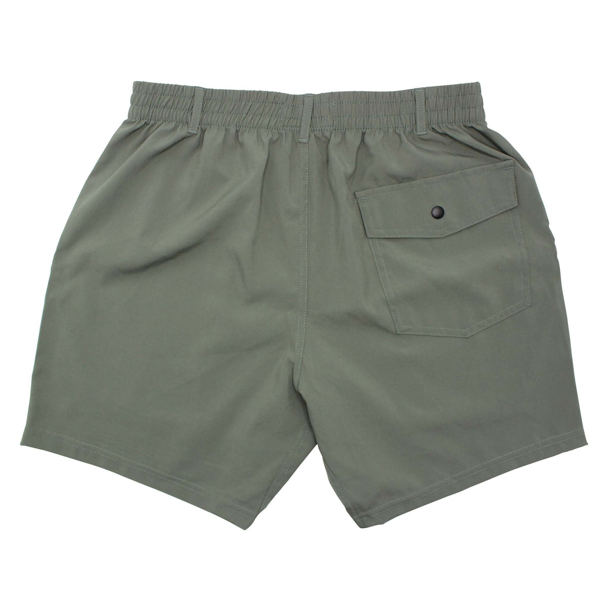 Back view of Local Boy Volley shorts in Olive green. There is one button pocket on the back.