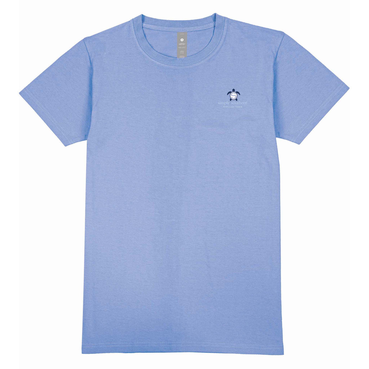 Periwinkle short sleeve shirt with the phrase &#39;No hurries no worries.&quot; A turtle with a sunset beach scene on the shell. Tropical flowers around. Simply Southern logo below and on left chest.