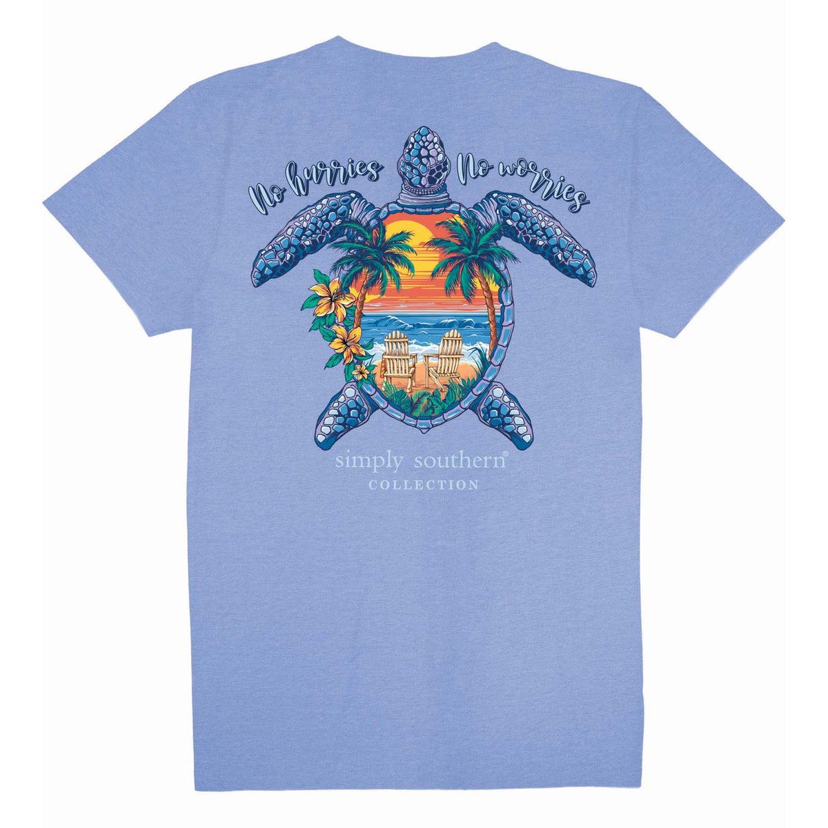 Periwinkle short sleeve shirt with the phrase &#39;No hurries no worries.&quot; A turtle with a sunset beach scene on the shell. Tropical flowers around. Simply Southern logo below and on left chest.