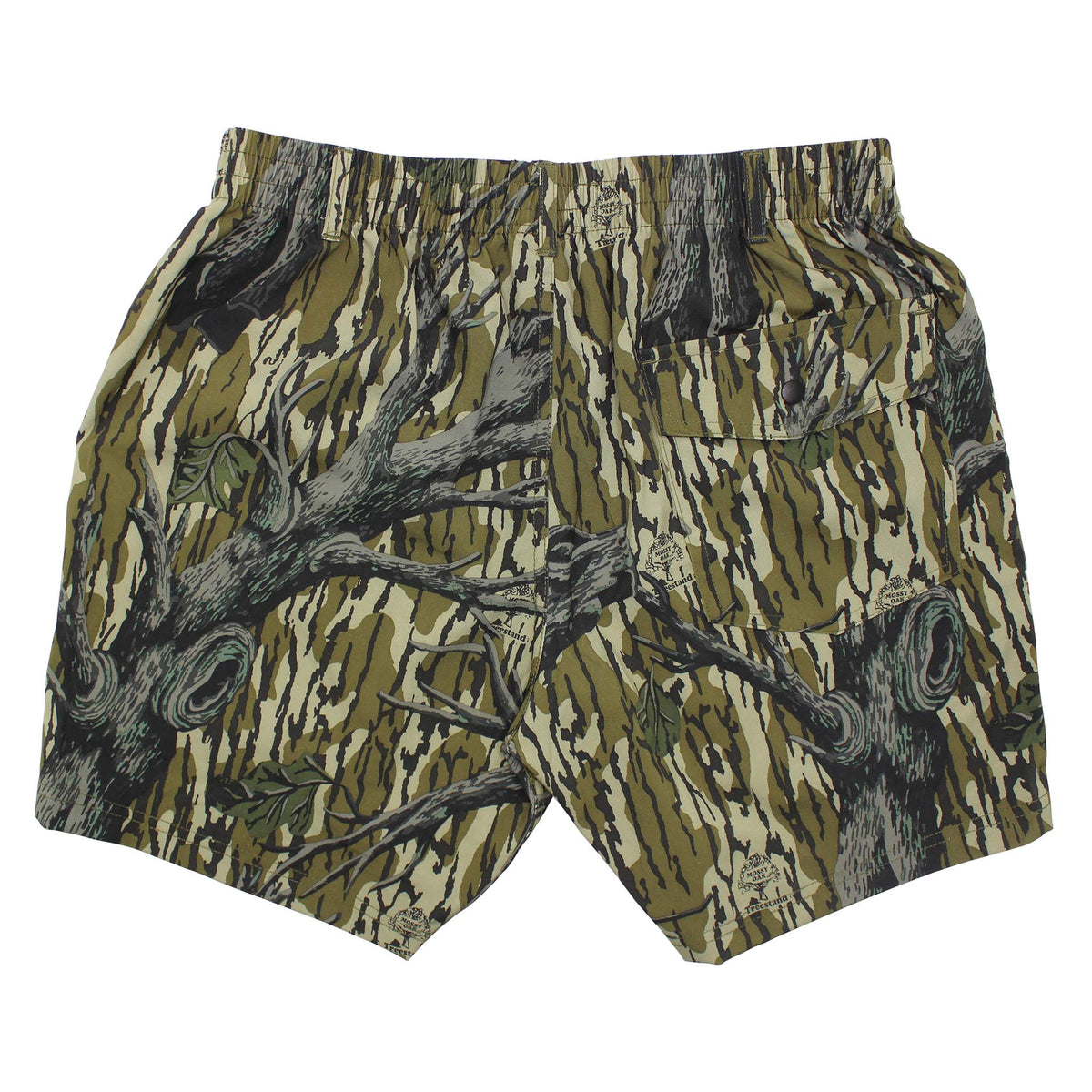 Back view of Local Boy Volley shorts in Treestand Camo. The back pocket features a button snap closure.