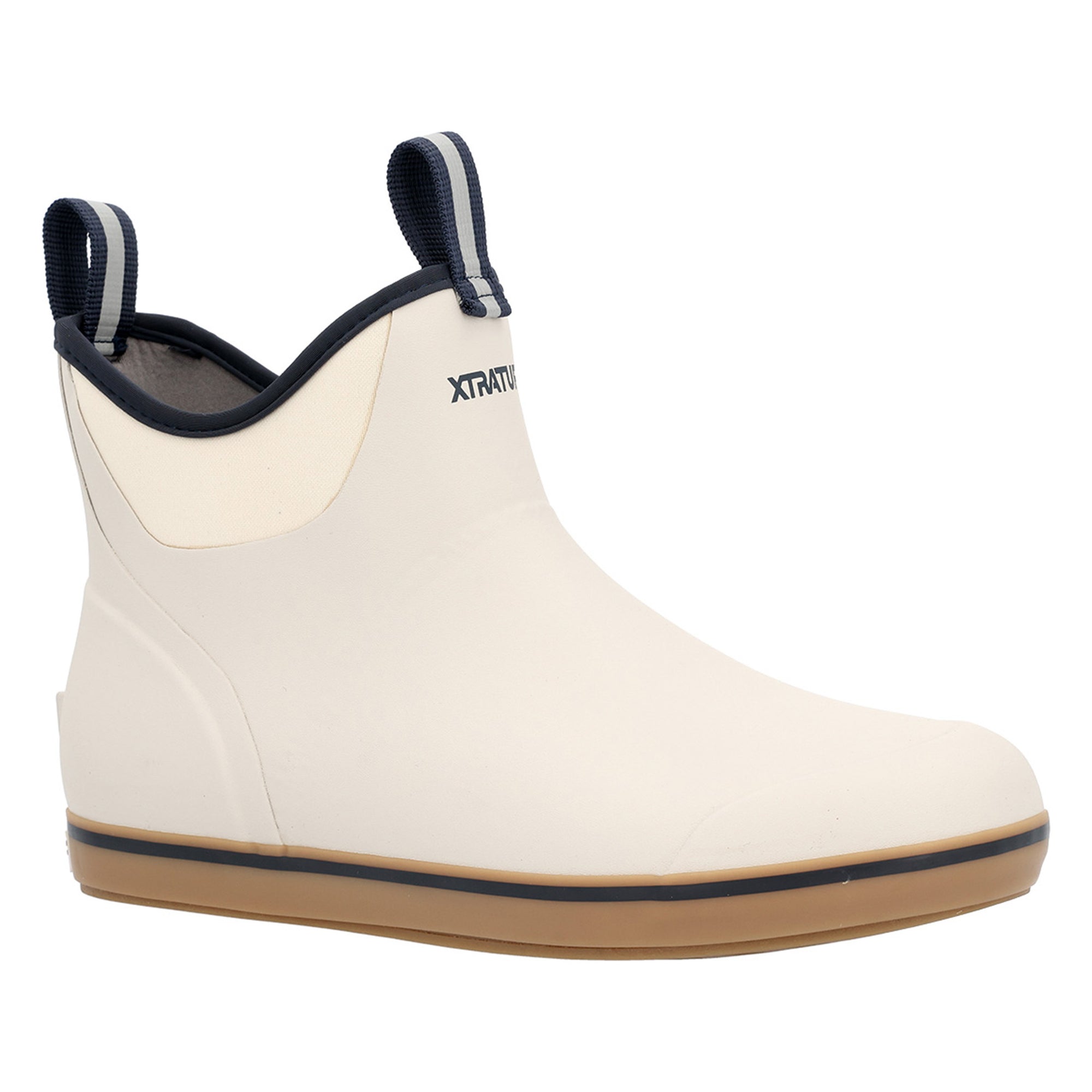 Side view of the boot highlighting the Navy XTRATUF logo on the ankle, pull-tab at the heel, and contrasting beige sole against the Ivory upper.