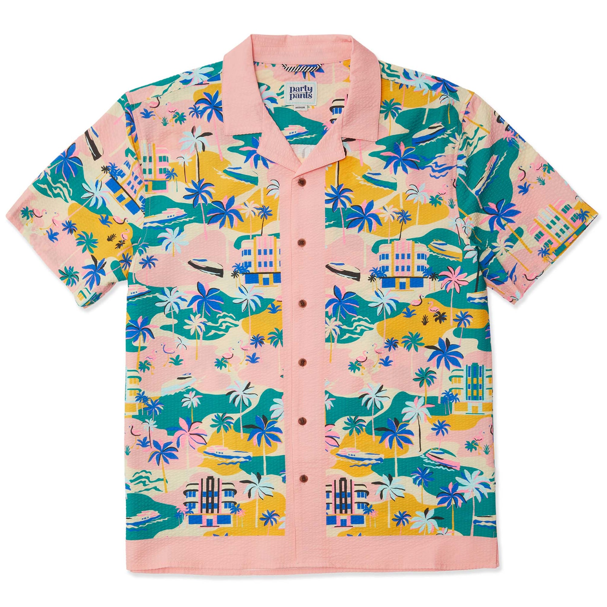 Party Pants Booze Cruise Button Down Cabana Shirt featuring an all-over print of palm trees and beach houses. Made from lightweight, breathable fabric with a relaxed fit, full front button closure, and a chest patch pocket for casual, tropical-inspired style.