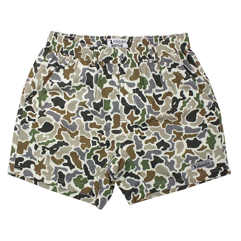 Front view of Local Boy Volley Shorts in Localflage camoflauge. 